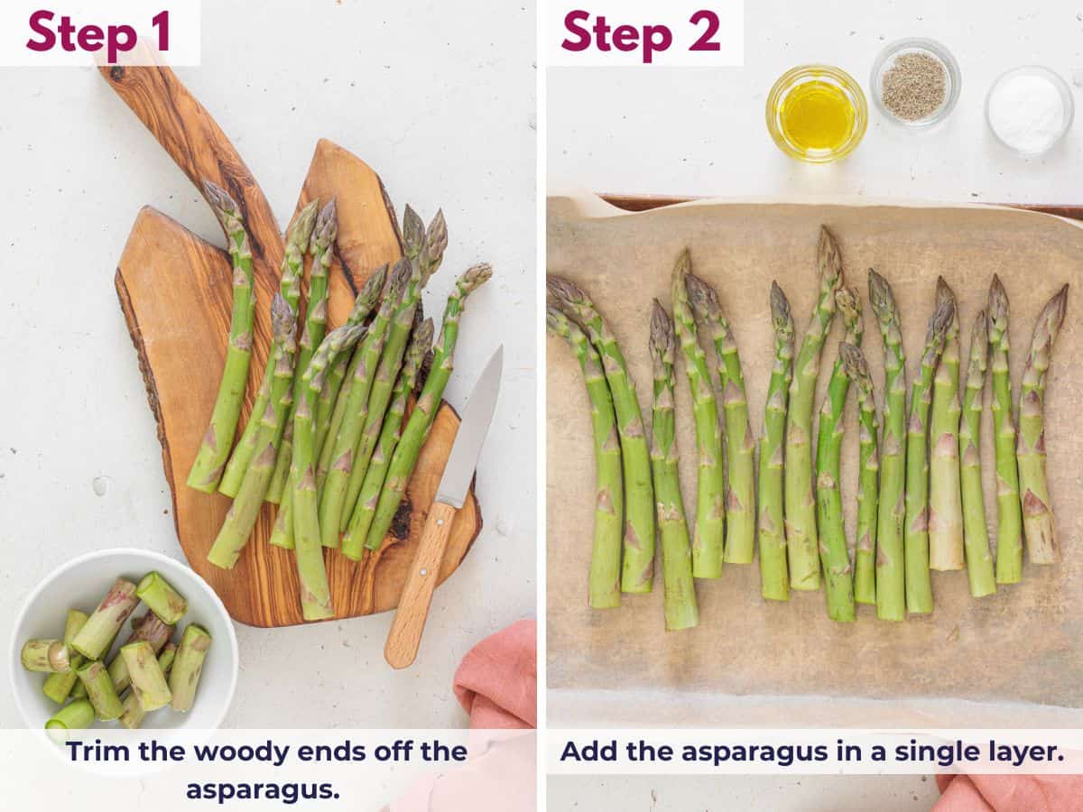 Trimming the woody ends from asparagus and arranging the spears in a single layer on a parchment-lined baking sheet