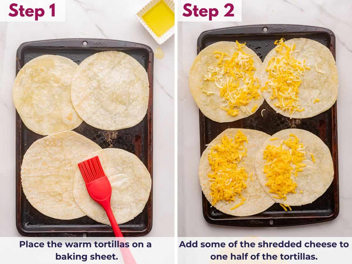 Place warm tortillas on a baking sheet and add shredded cheese to one side, preparing baked chicken tacos for the oven