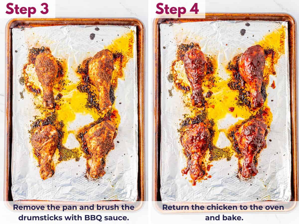 Baked chicken drumsticks brushed with BBQ sauce, then returned to the oven to finish cooking and caramelize