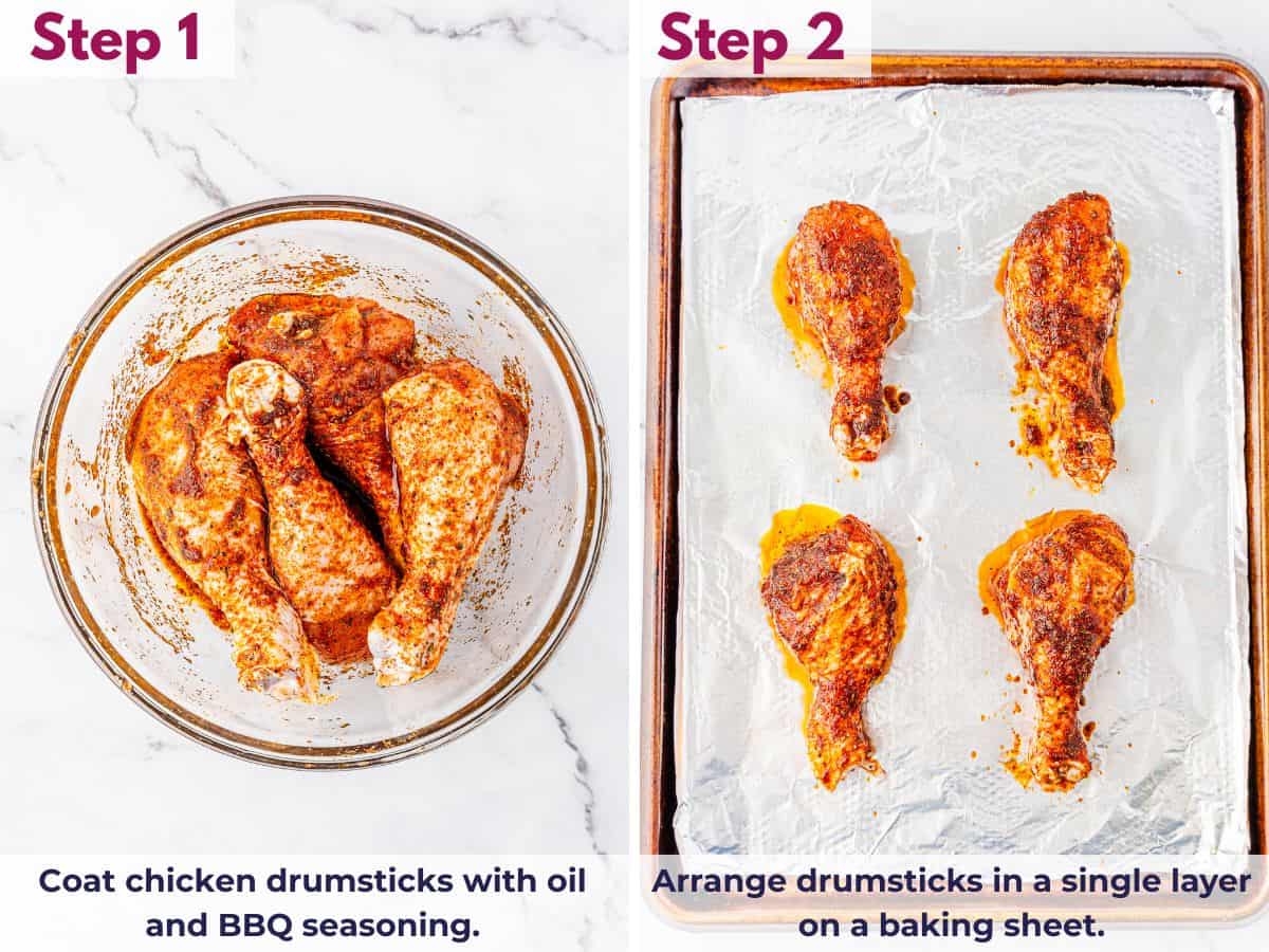 Chicken drumsticks tossed with oil and BBQ seasoning in a bowl, then arranged in a single layer on a baking sheet ready for the oven