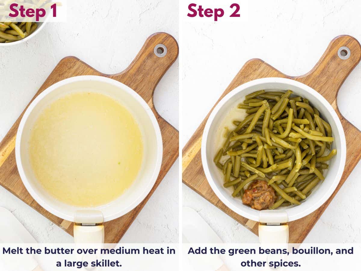 Saut&eacute;ing canned green beans in melted butter with bouillon, black pepper, garlic powder, and onion powder in a skillet