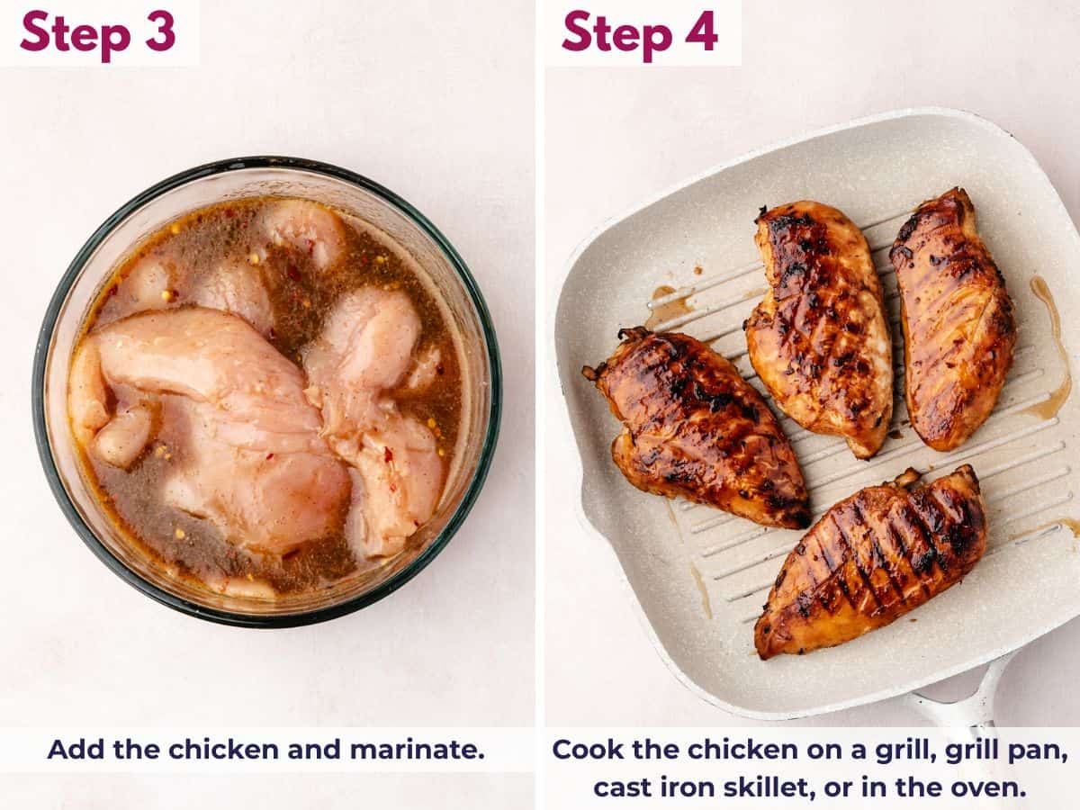 Adding chicken to the marinade, then cooking until tender and fully done