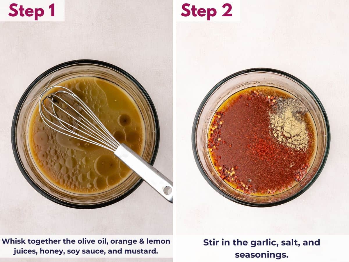 Whisking olive oil, orange juice, lemon juice, honey, soy sauce, Dijon mustard, garlic, and seasonings into a smooth marinade