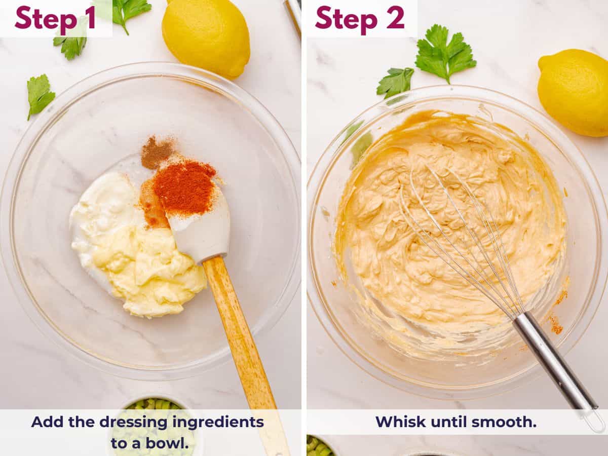 Mixing mayonnaise, lemon juice, spices, and sour cream in a bowl until smooth for chicken salad dressing