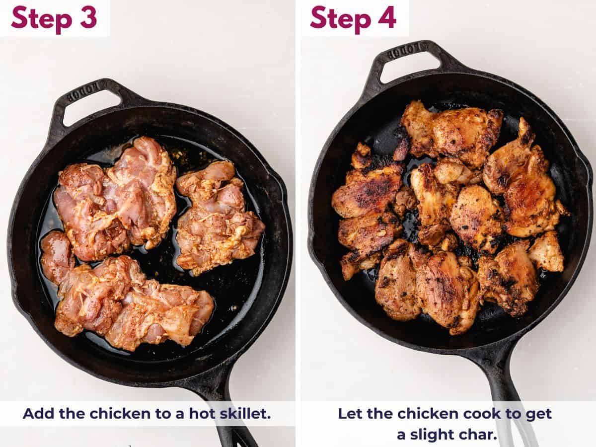 Placing marinated chicken in a hot skillet and cooking until lightly charred with golden edges