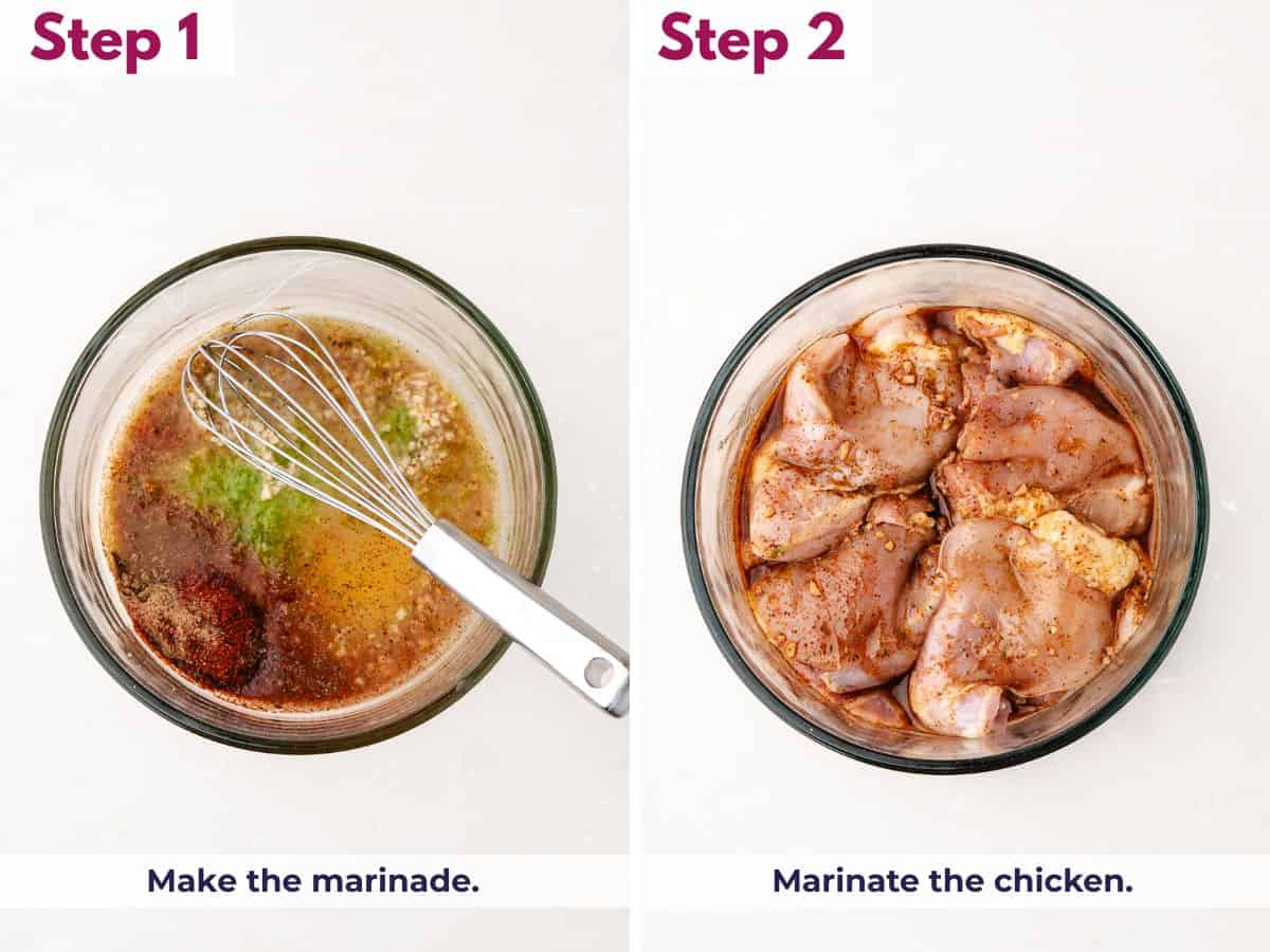 Mixing a cilantro lime marinade and coating the chicken evenly before letting it marinate