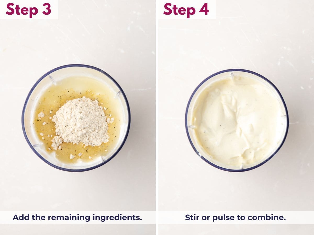 Adding remaining ranch dip ingredients to the blended cottage cheese and stirring or pulsing until fully combined into a smooth dip