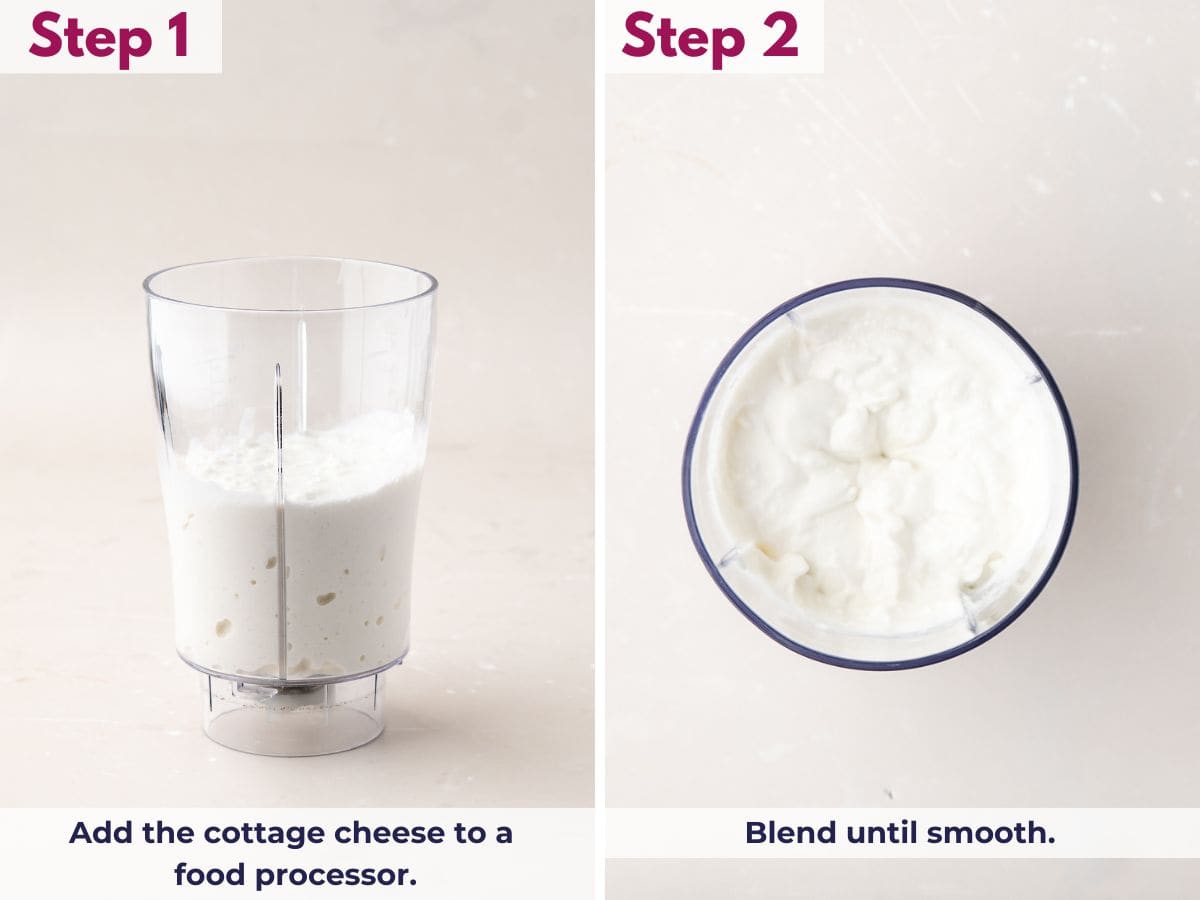 Adding cottage cheese to a food processor and blending until smooth for a creamy ranch dip base