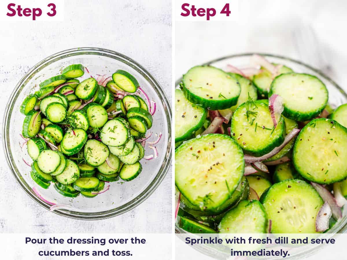 Pouring the sweet and tangy dressing over sliced cucumbers and red onion, tossing to coat, and garnishing with fresh dill before serving