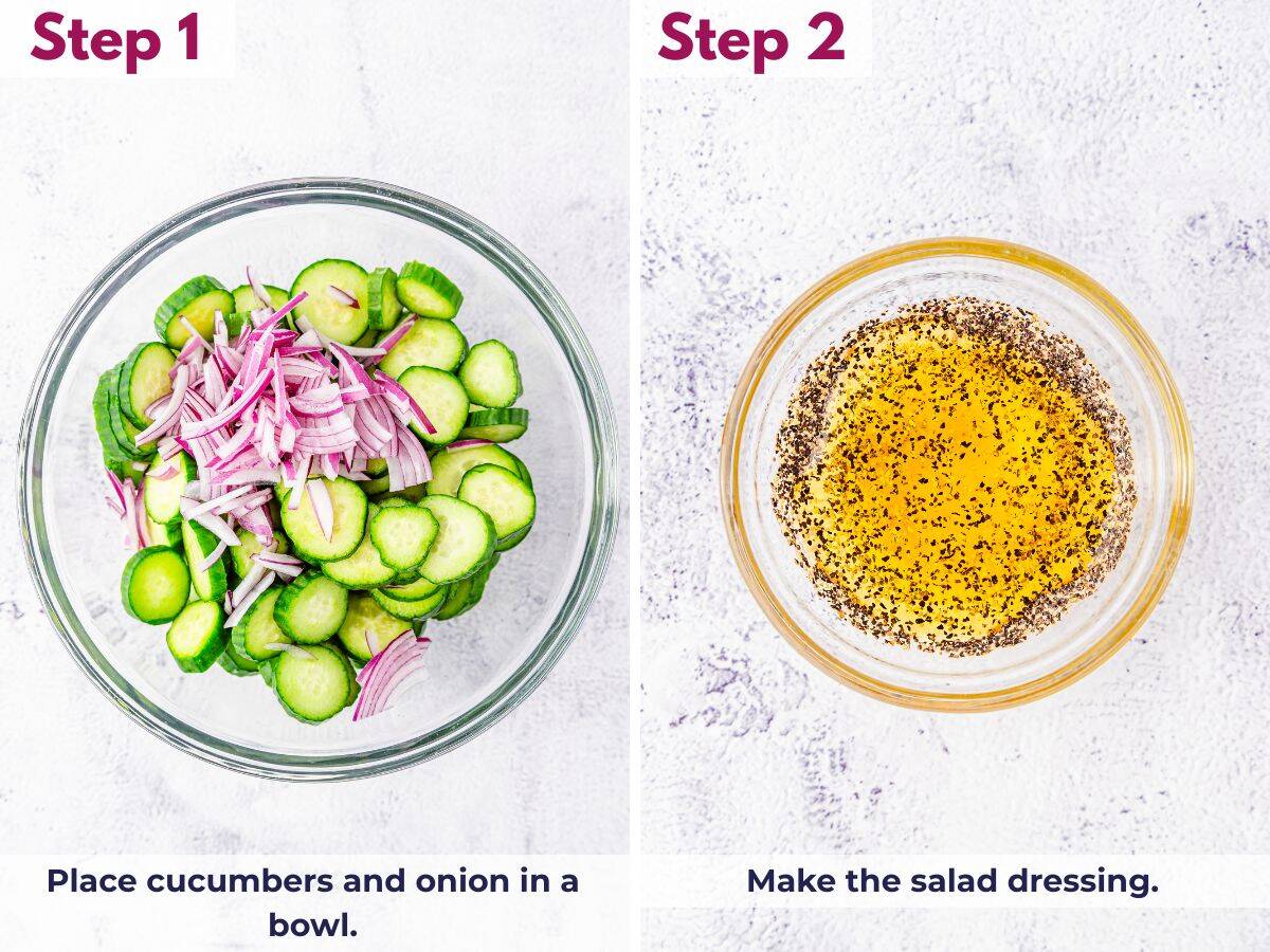 Slicing mini cucumbers and red onion into thin rounds, placing them in a mixing bowl, and preparing the salad dressing