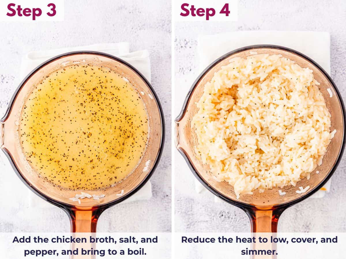 Adding chicken broth, salt, and pepper to the rice, bringing it to a boil, then reducing heat, covering, and simmering until cooked
