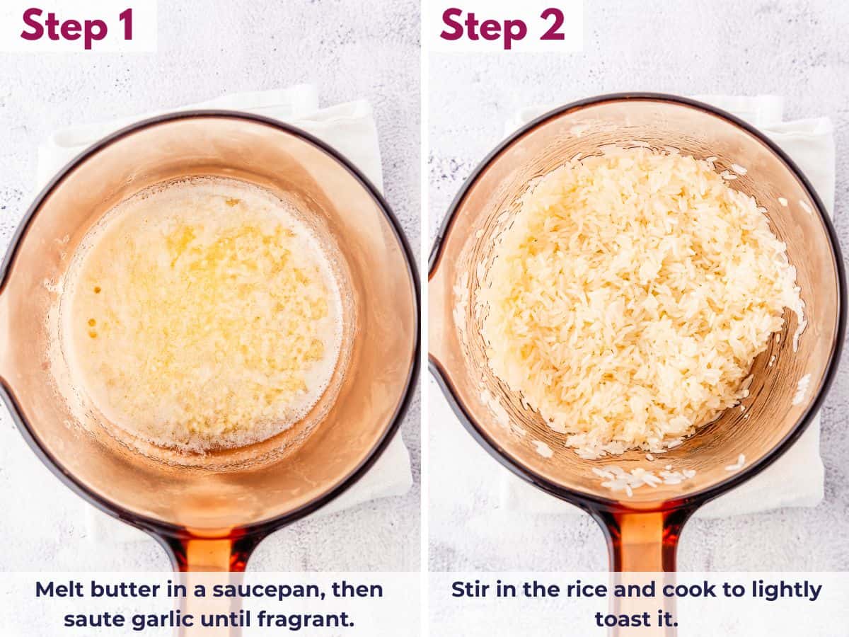 Sautéing minced garlic in melted butter over medium heat, then stirring in rice to toast slightly