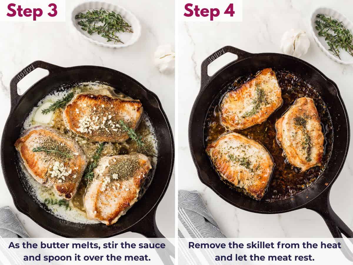 Melting butter in the skillet with garlic, Italian seasoning, and thyme, then letting the pork chops rest to soak up the flavor
