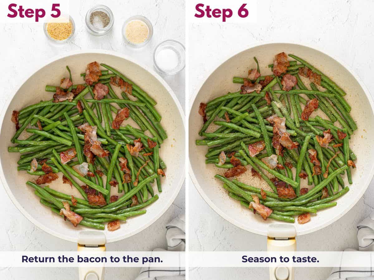 Returning the cooked bacon to the skillet with green beans, seasoning with salt, garlic powder, onion powder, and black pepper, and continuing to saut&eacute; until fully coated