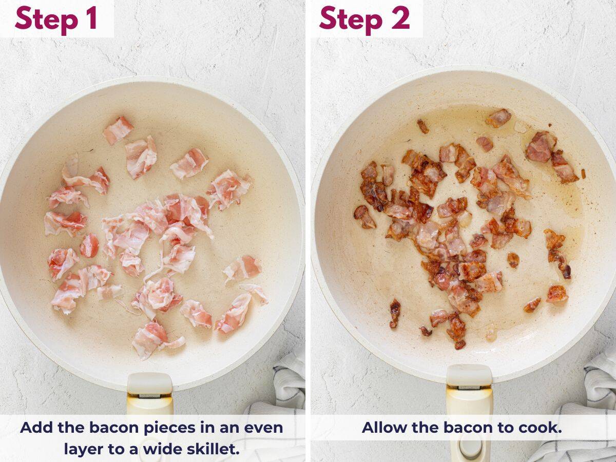 Cooking bacon pieces in a wide skillet over medium-low heat until lightly crisp, stirring occasionally