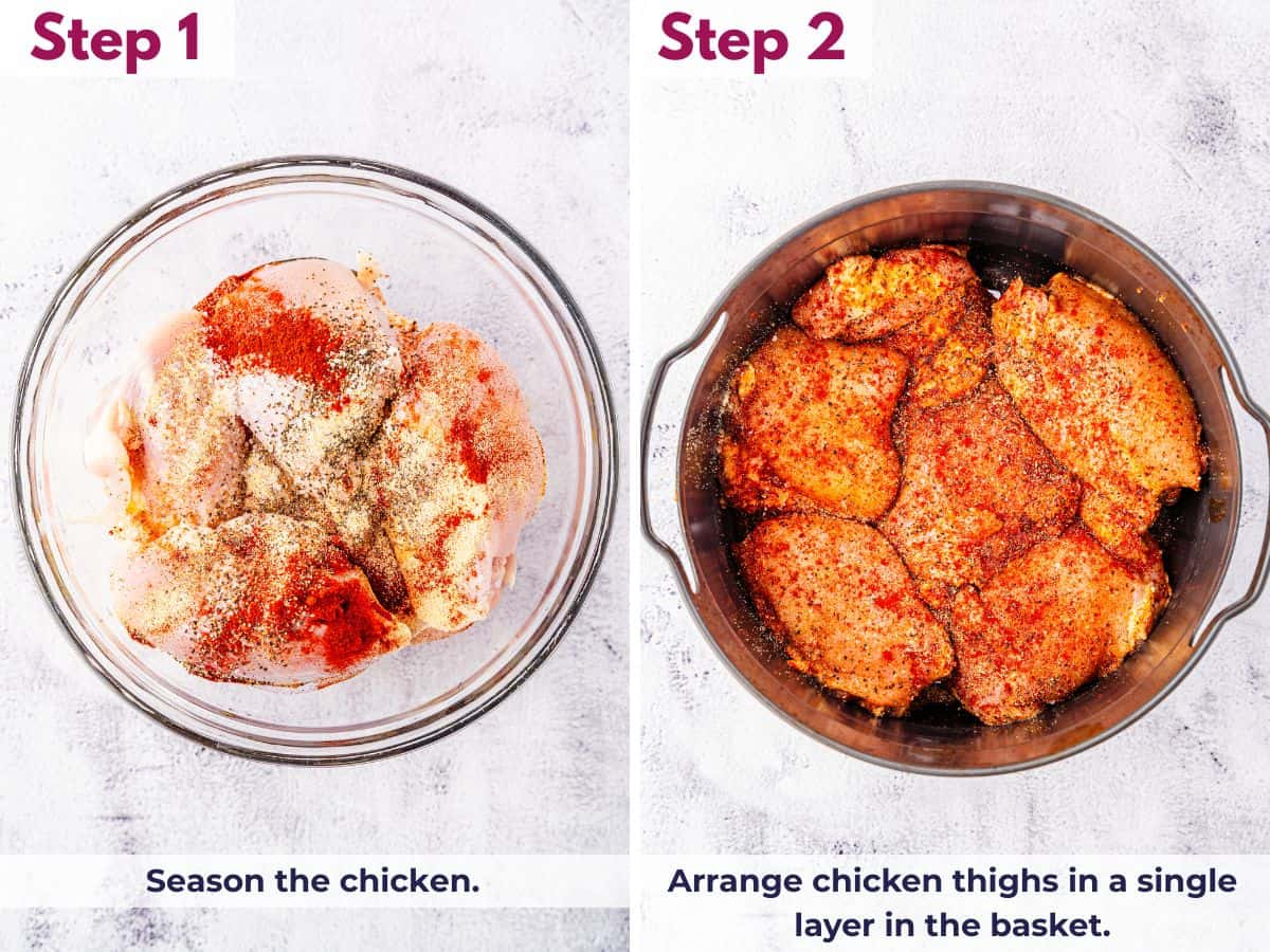 Tossing chicken thighs with olive oil, salt, pepper, garlic powder, and smoked paprika, then arranging them in a single layer in the air fryer basket