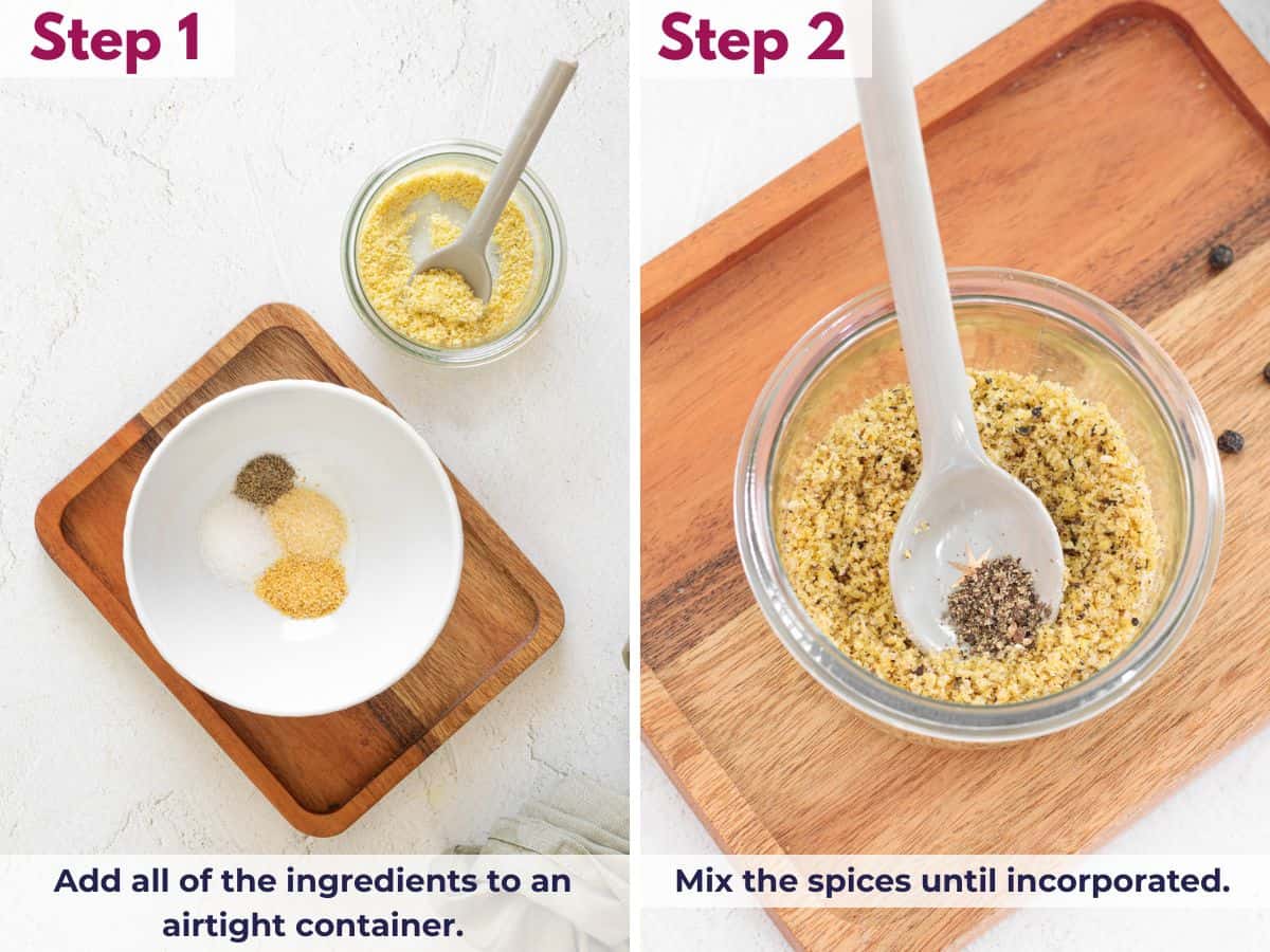 Adding all ingredients to an airtight container and mixing the spices until evenly combined into a lemon pepper seasoning blend