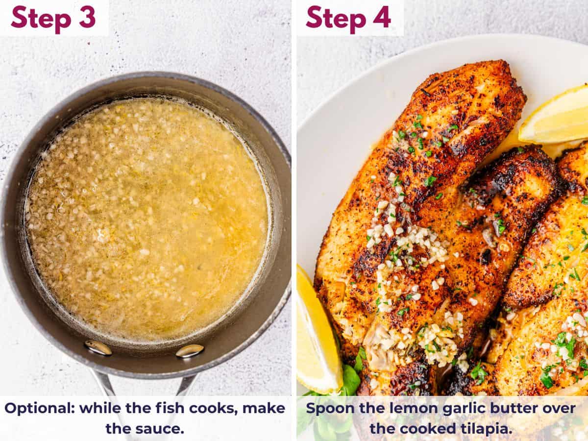 Preparing lemon garlic butter while the fish cooks, then spooning the sauce over the cooked tilapia fillets
