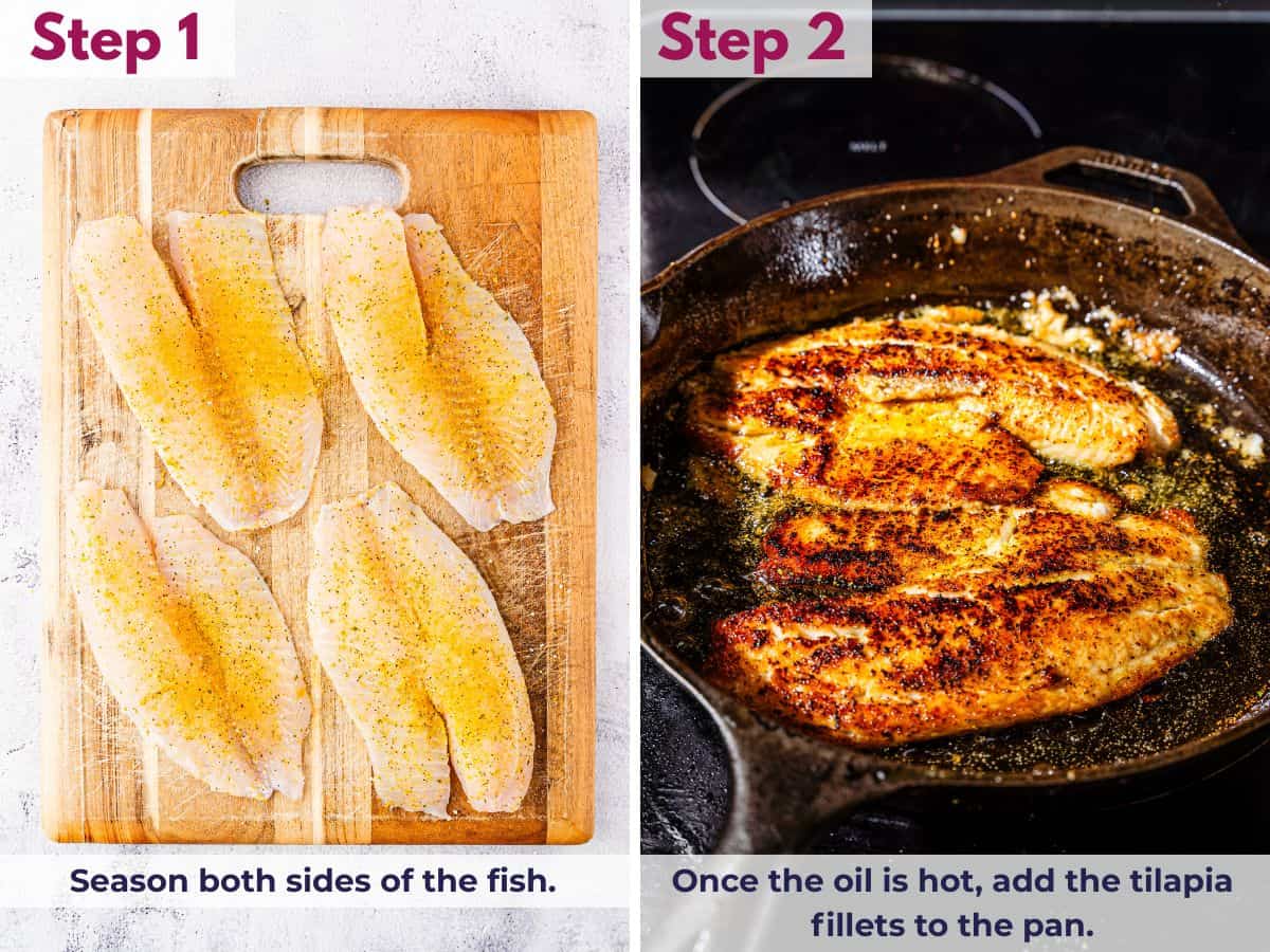 Seasoning both sides of tilapia fillets and placing them into a hot oiled skillet to sear
