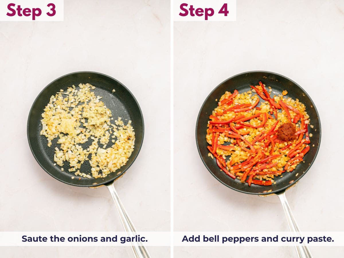 Saut&eacute;ing onions and garlic in a skillet, then adding bell peppers and red curry paste to build the sauce base
