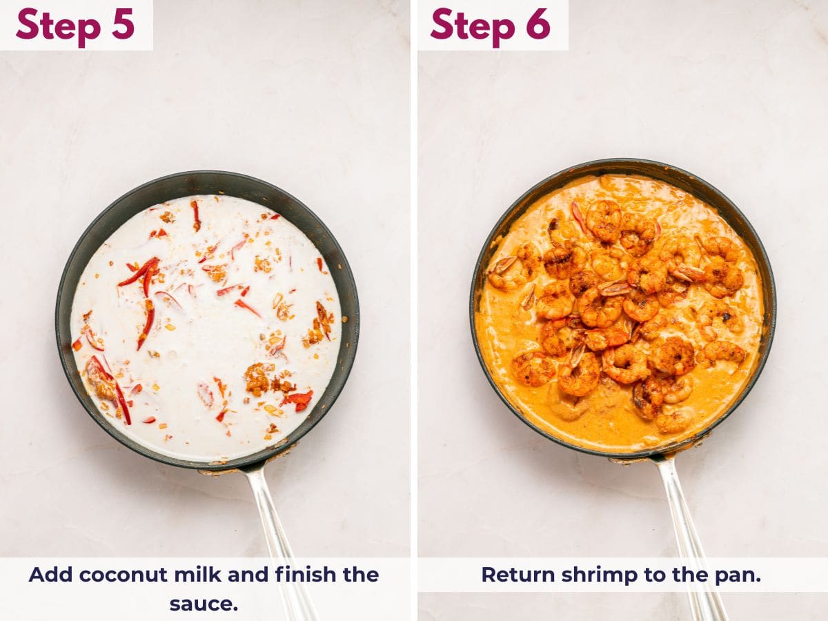 Pouring in coconut milk to finish the red curry sauce, then returning the shrimp to the pan to coat in the creamy mixture