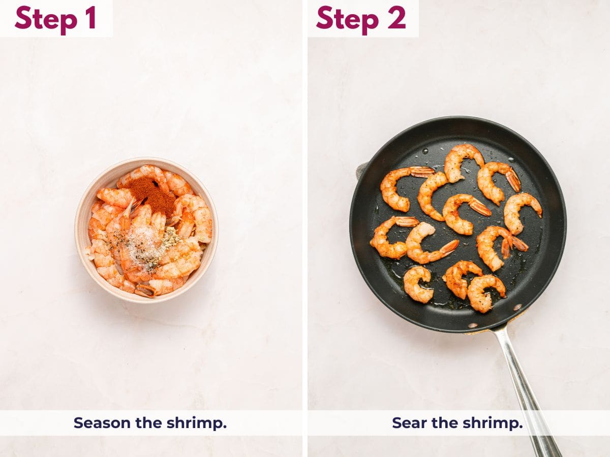 Seasoning shrimp with spices and searing them in a hot skillet until lightly golden and cooked through