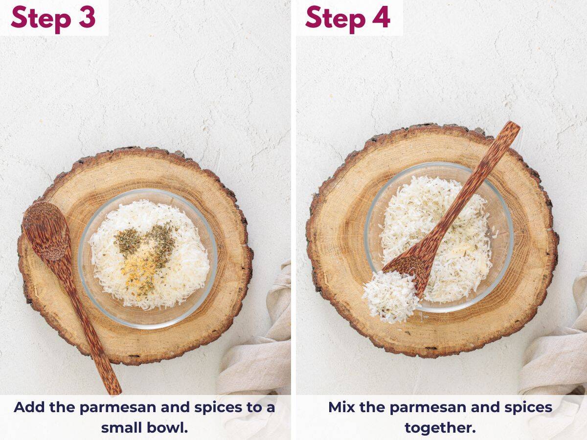 Mixing grated parmesan with spices in a small bowl to season roasted green beans