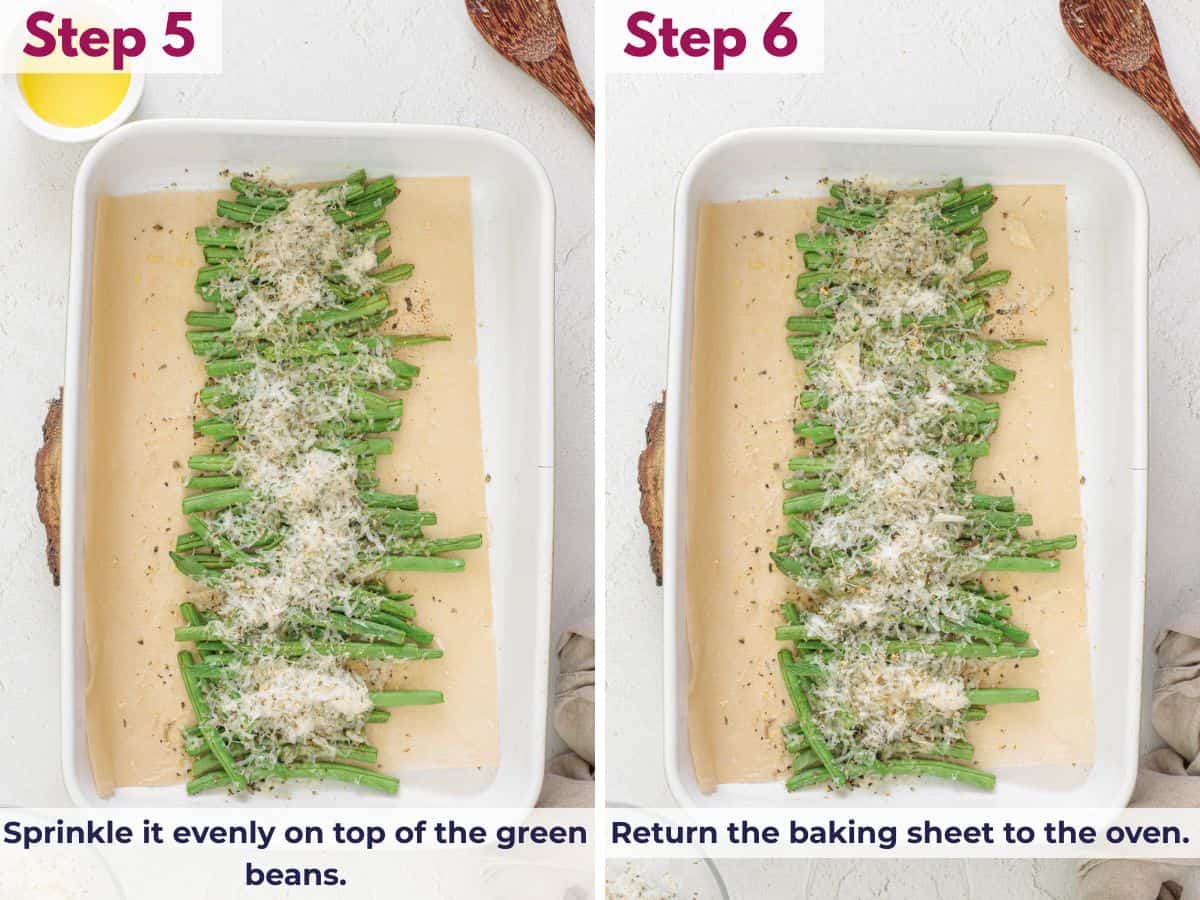 Sprinkling the parmesan and spice mixture over green beans, drizzling with melted butter, and returning them to the oven to finish roasting