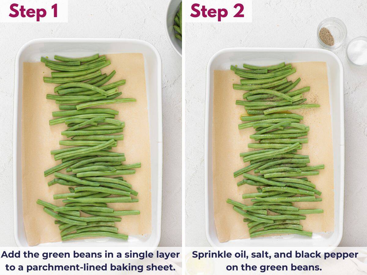Placing green beans in a single layer on a parchment-lined baking sheet and seasoning with oil, salt, and black pepper