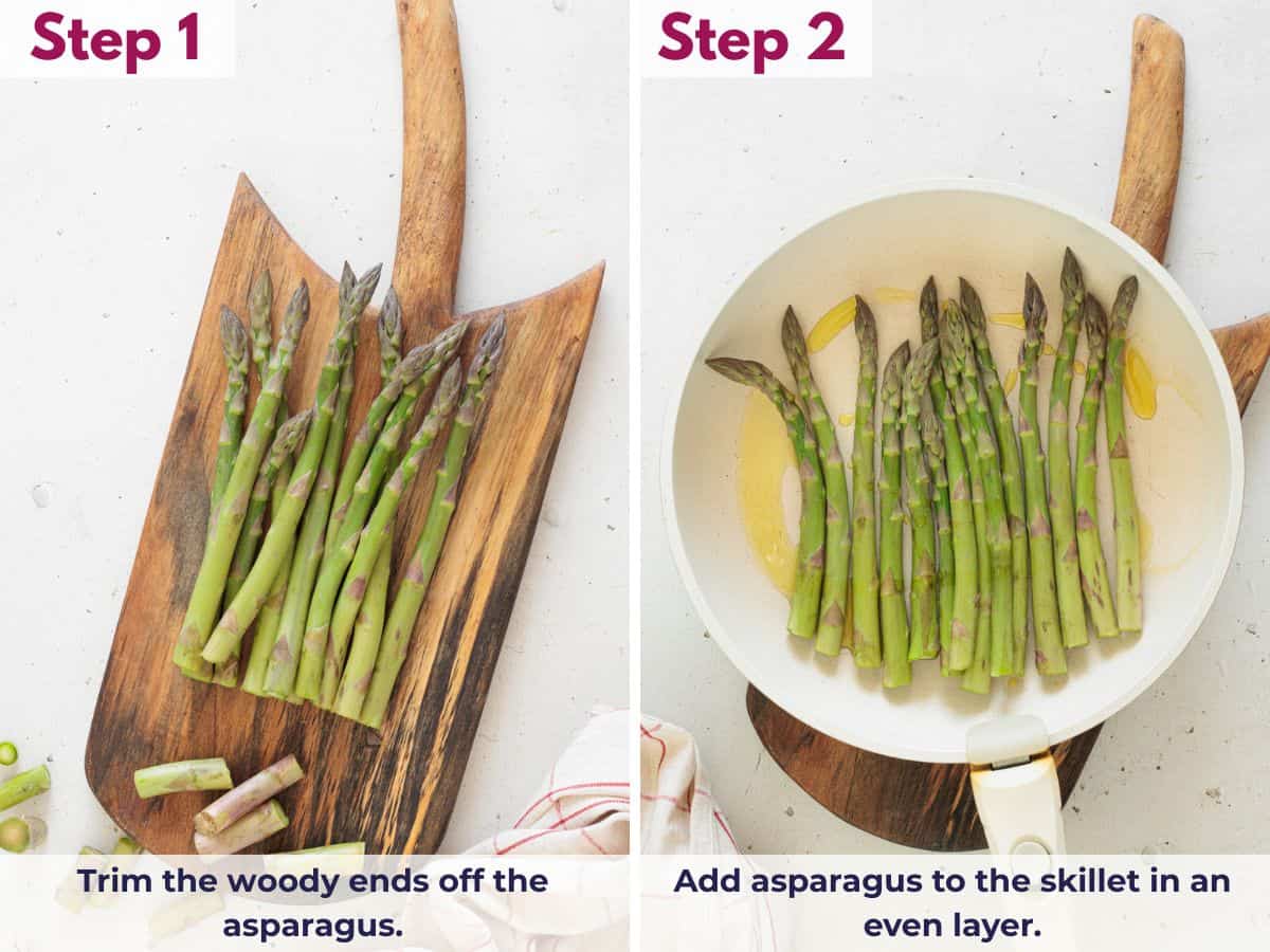 Trimming woody ends from fresh asparagus and placing the spears in a hot skillet with olive oil in an even layer