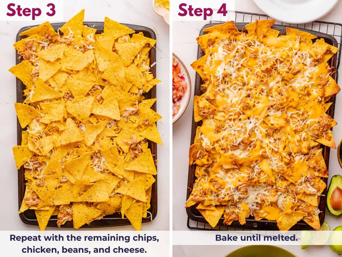 Layering remaining tortilla chips with shredded chicken, beans, and cheese, then baking until the cheese is melted and bubbly