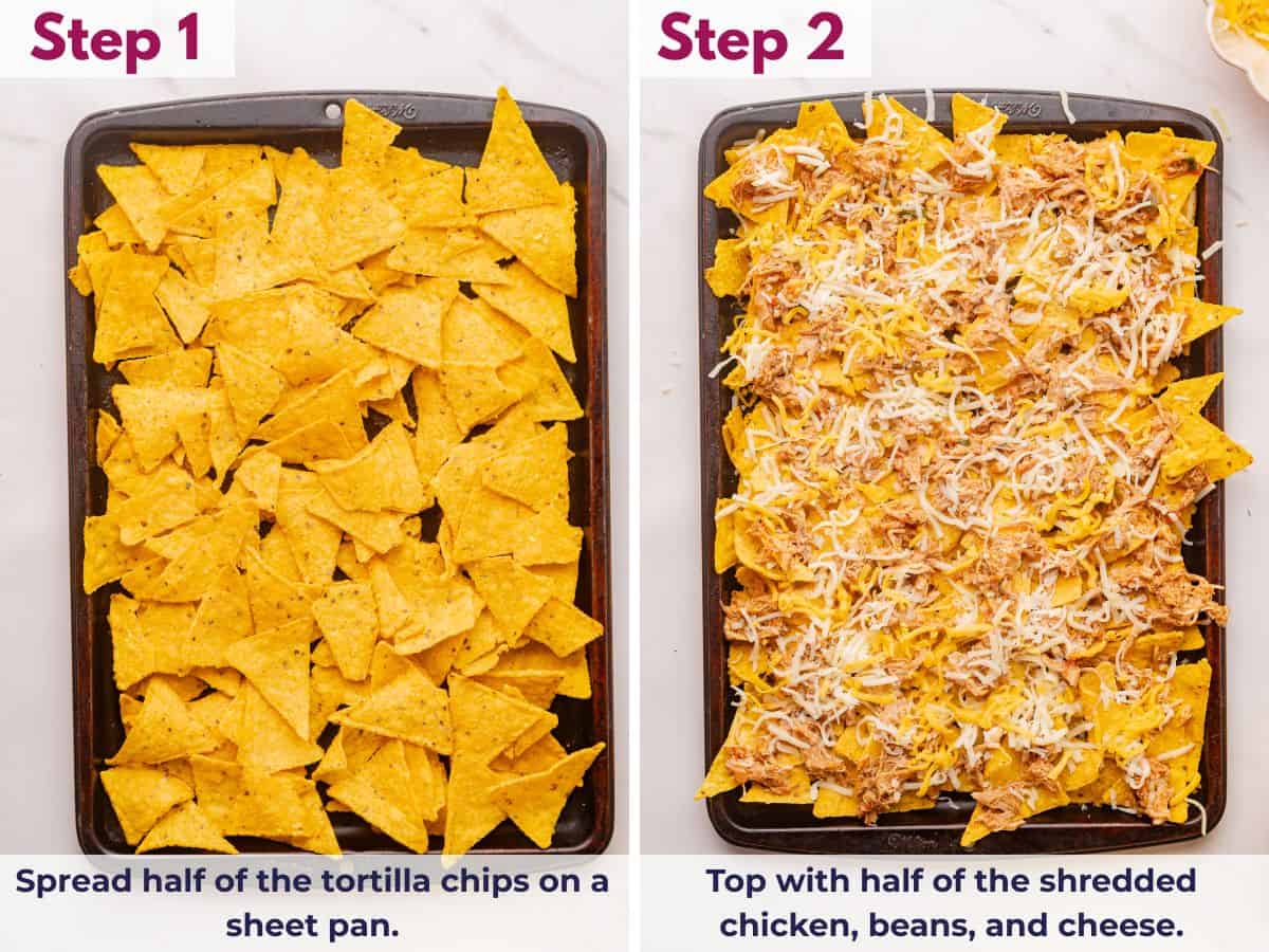 Spreading tortilla chips on a baking tray and layering with shredded chicken, beans, and cheese for loaded nachos before baking