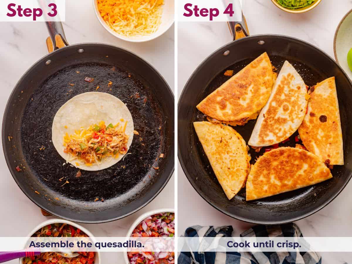 Assembling a chicken quesadilla with cheese, shredded chicken, and saut&eacute;ed vegetables in a tortilla, then cooking until golden, crisp, and the cheese is melted