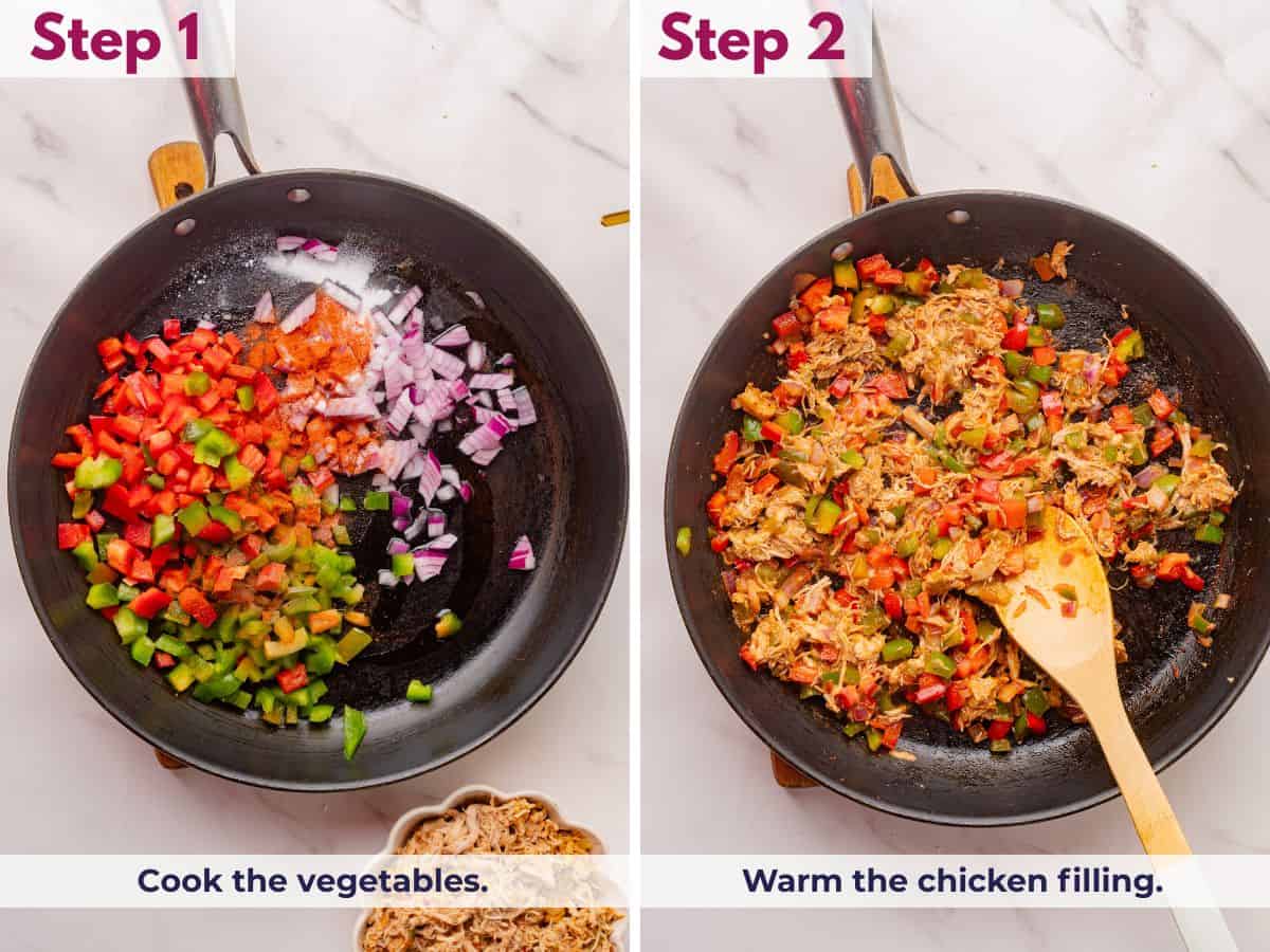 Saut&eacute;ing chopped bell peppers and red onion in olive oil with spices until softened and lightly charred, then warming the shredded chicken filling