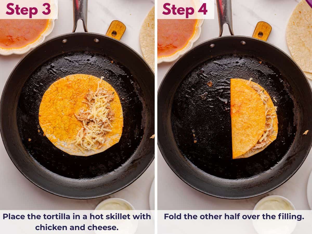 Placing tortilla in a hot skillet, filling it with shredded chicken and cheese, then folding it over to form a crispy chicken taco