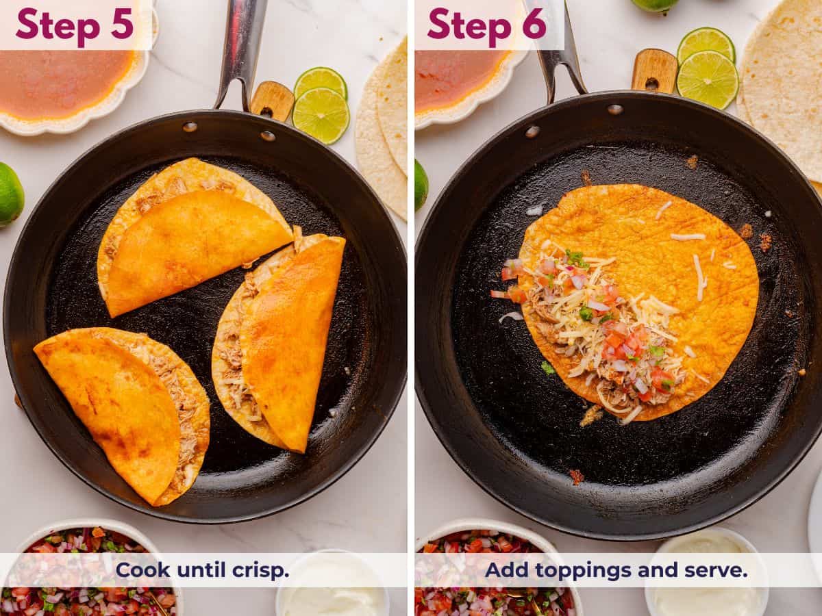 Cooking folded chicken tacos in a skillet until crispy and golden, then adding toppings