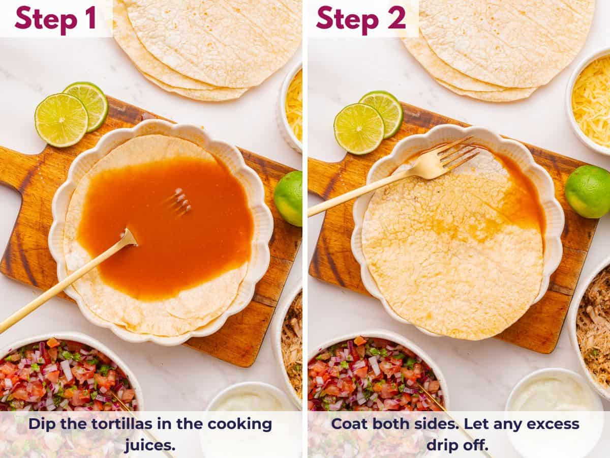 Dipping tortillas into reserved cooking juices from shredded chicken to lightly coat both sides for a richer birria-style flavor before cooking