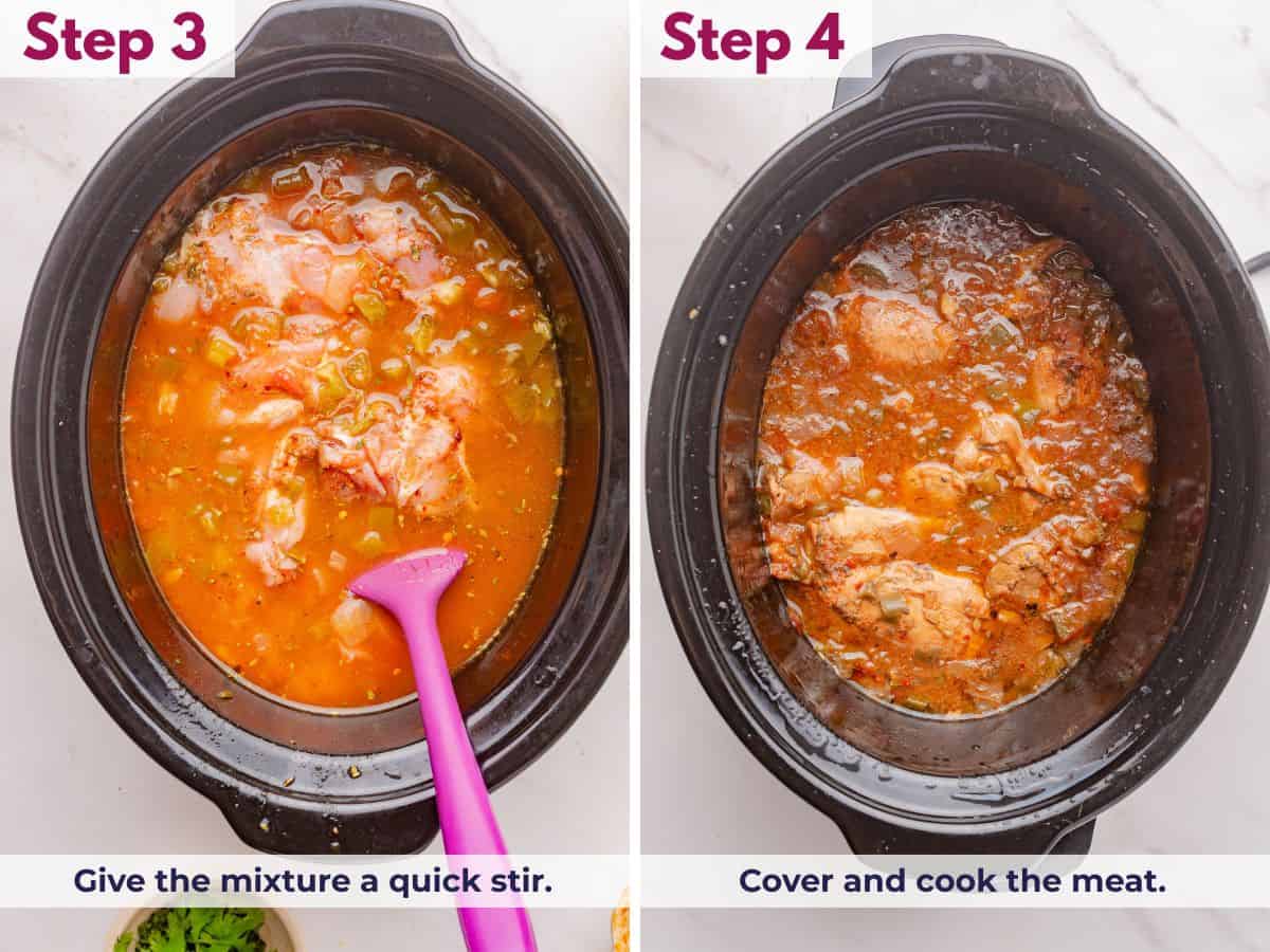 Stirring the seasoned chicken mixture in the slow cooker, then covering and cooking until tender and fully cooked