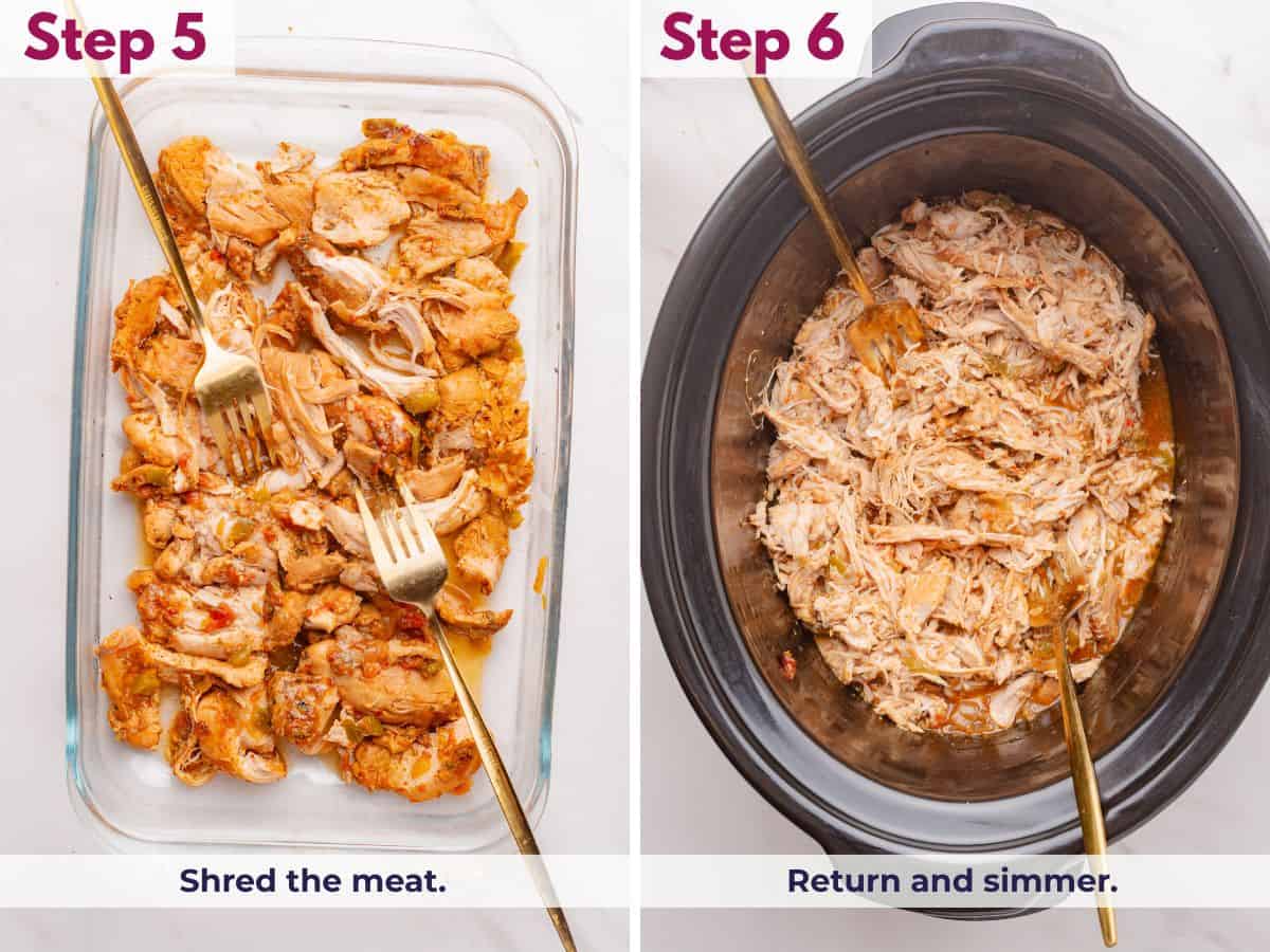 Removing cooked chicken from the slow cooker to shred with forks, then returning it to the pot and mixing to combine with the sauce