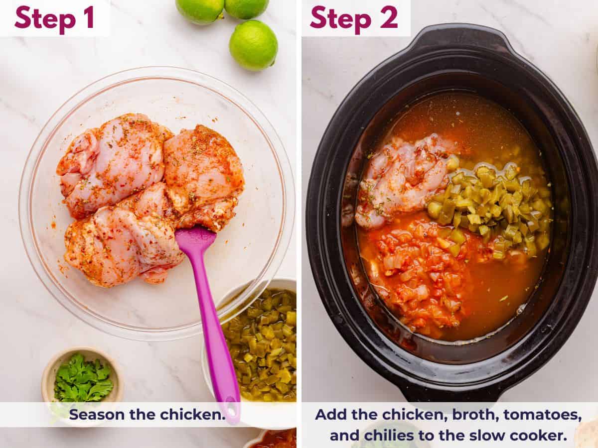 Coating chicken with taco seasoning in a bowl, transferring it to a slow cooker, and adding chicken broth, lime juice, tomatoes, and green chilies before cooking