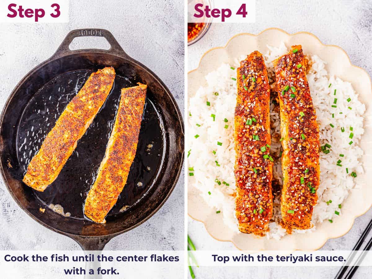 Cooking fish in a skillet until it flakes easily, then removing from heat and topping with teriyaki sauce