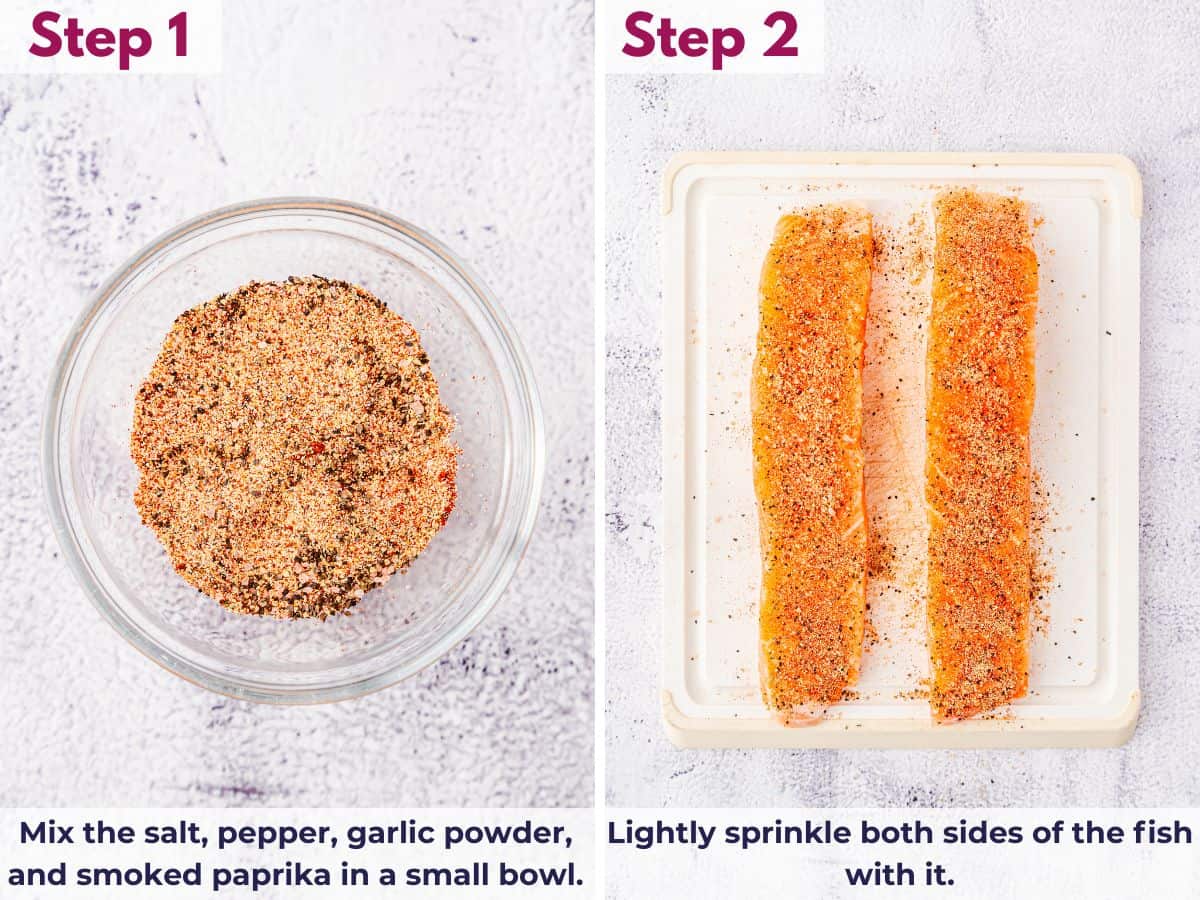 Mixing salt, pepper, garlic powder, and smoked paprika in a bowl, then seasoning both sides of the fish evenly