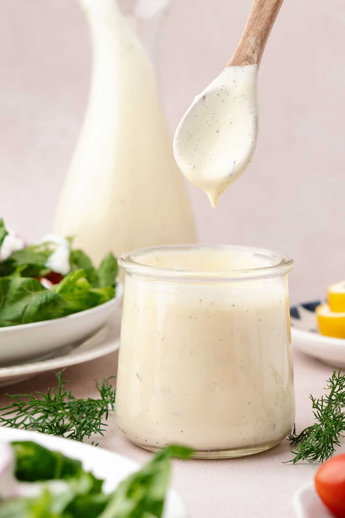 Freshly made ranch dressing with a velvety texture