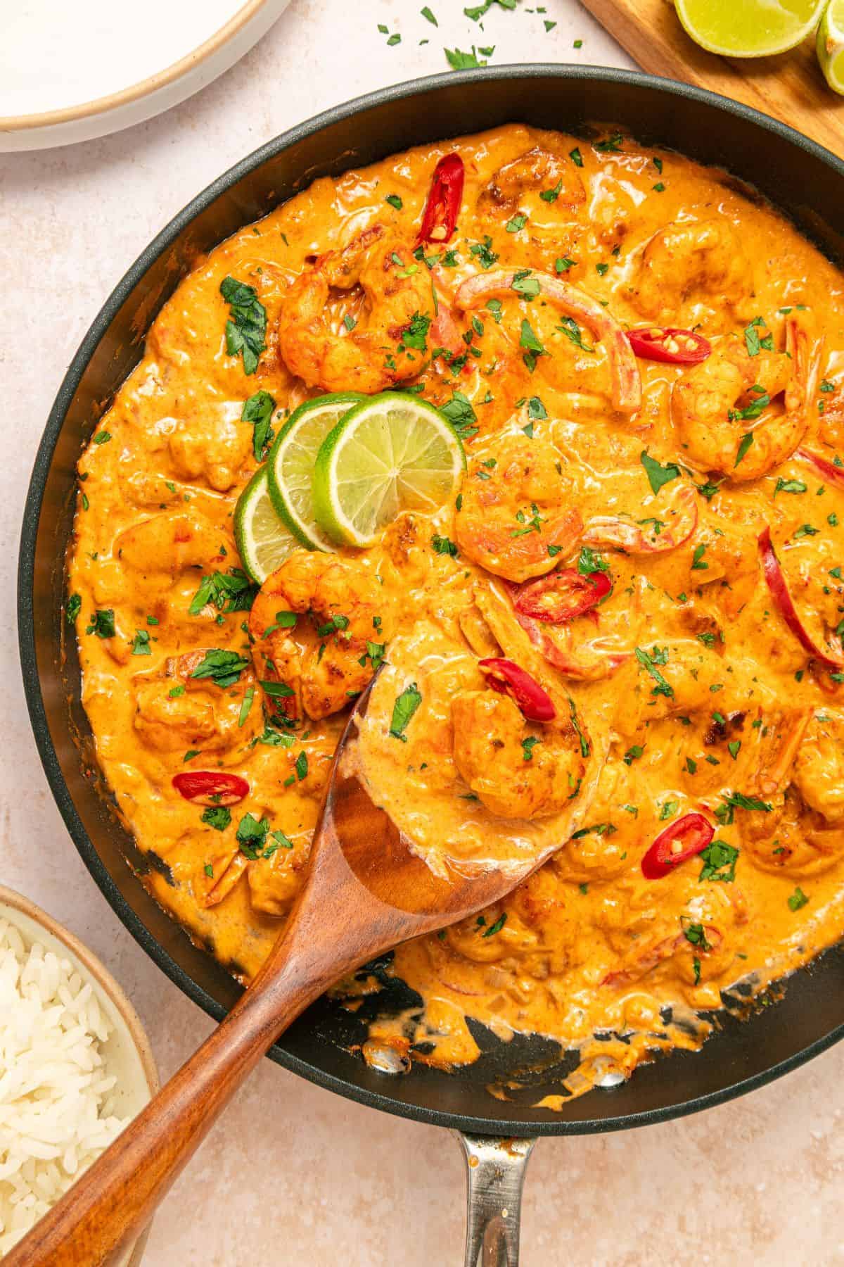 Skillet red curry shrimp with coconut milk and spices