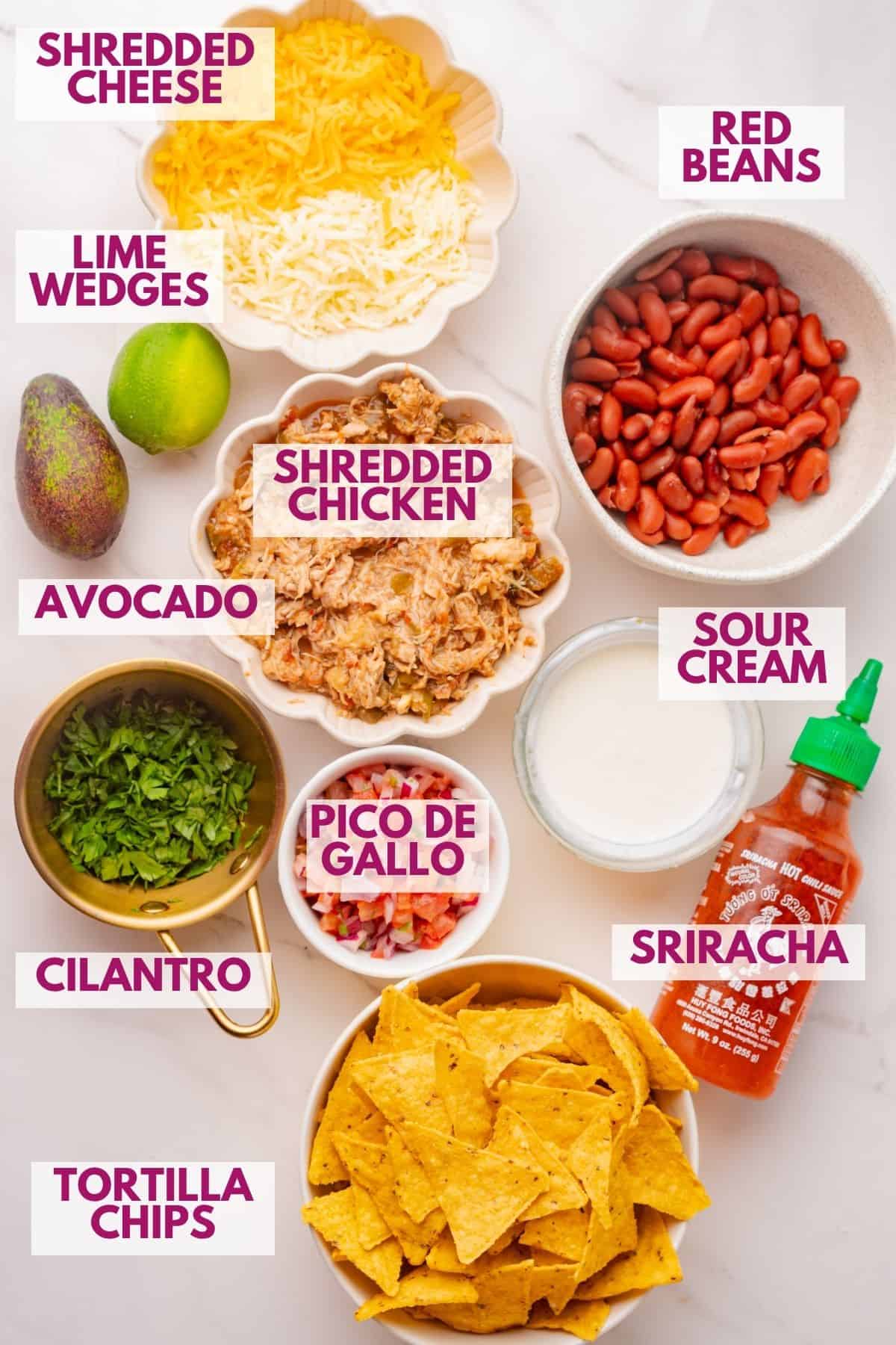 ingredients to make shredded chicken nachos