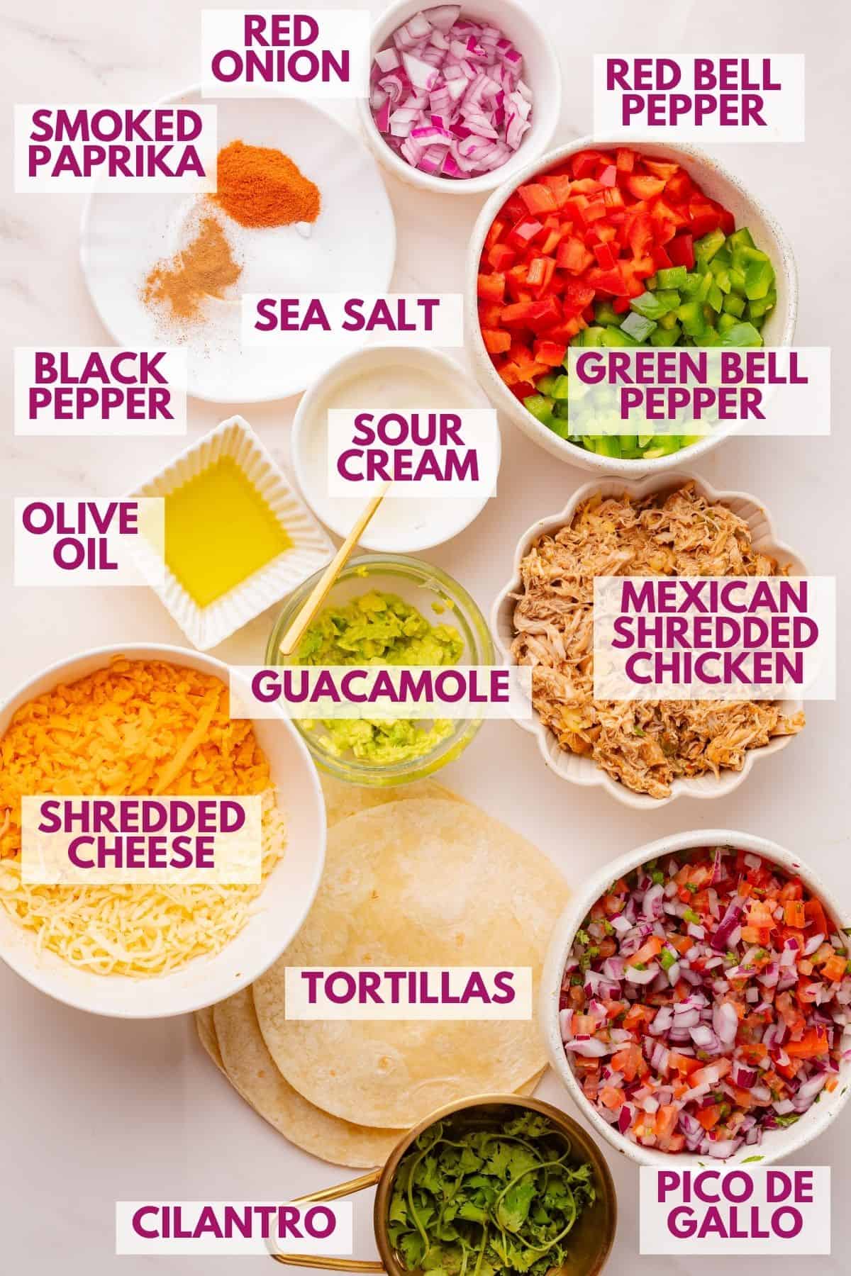 ingredients to make shredded chicken quesadilla