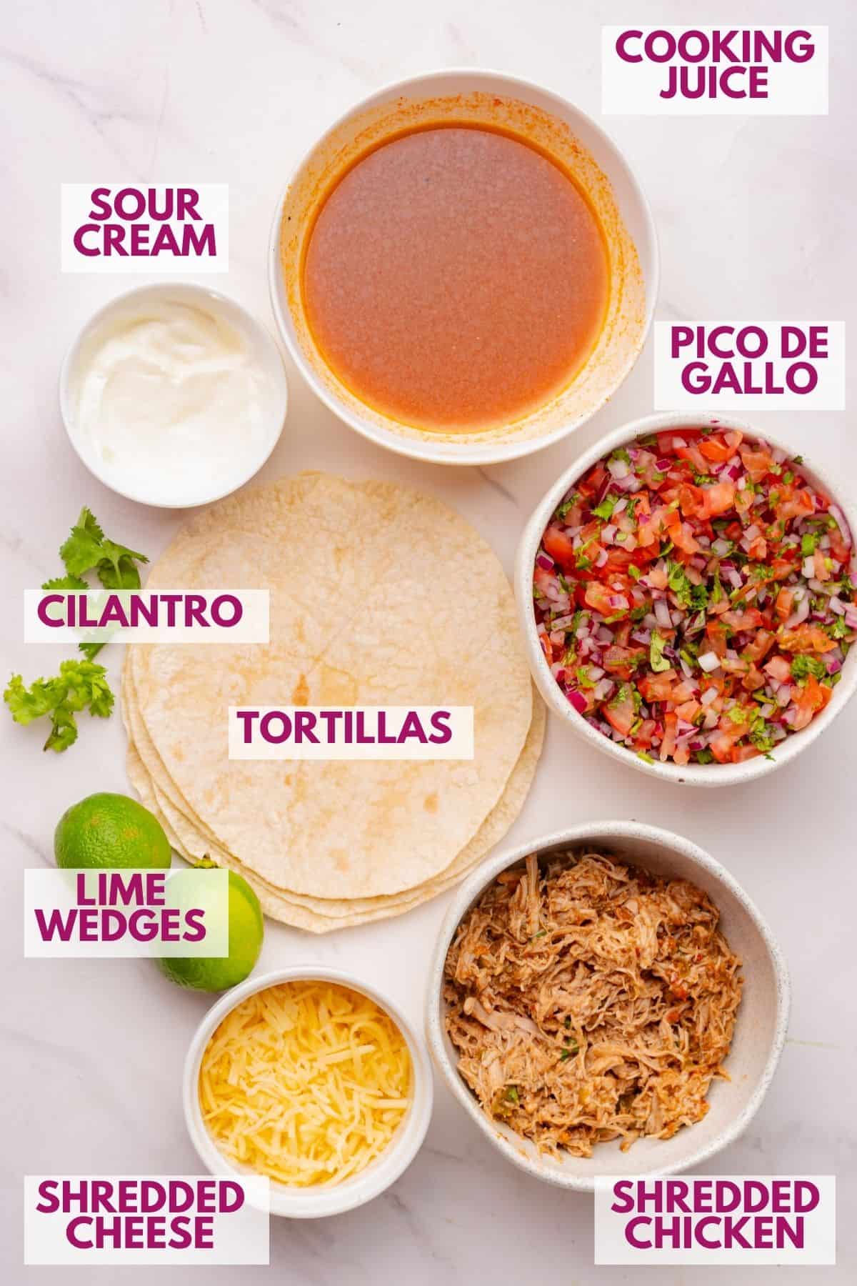 ingredients to make shredded chicken tacos