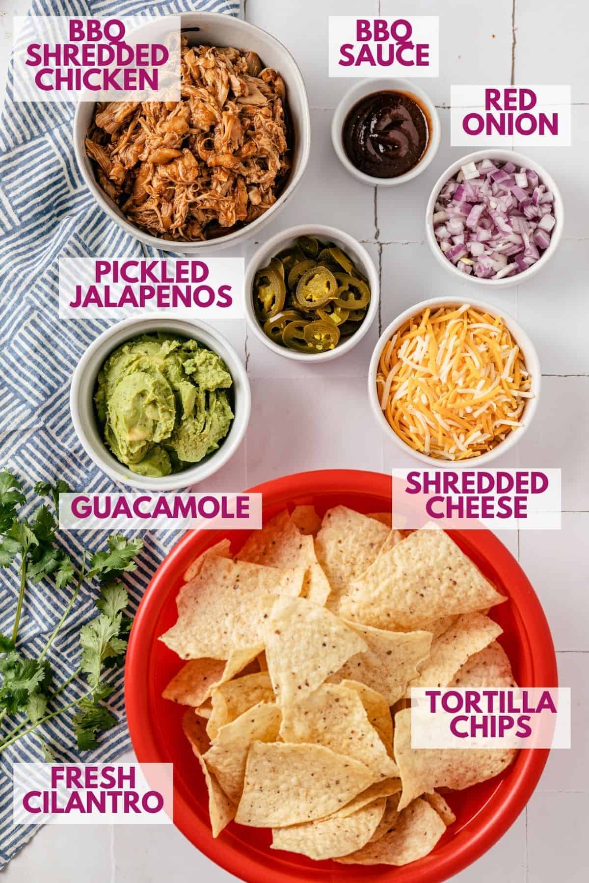 ingredients to make loaded BBQ chicken nachos