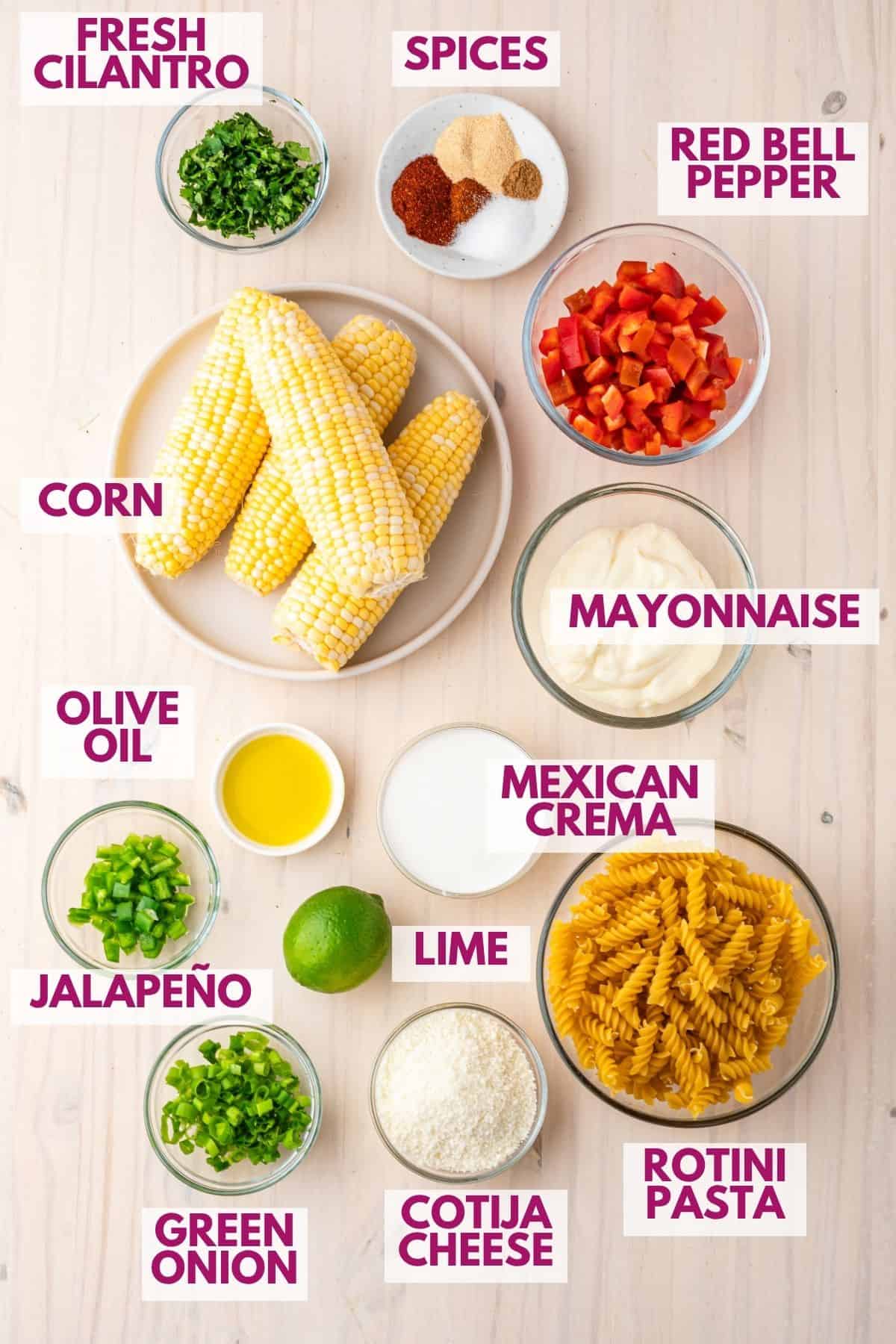ingredients to make Mexican street corn pasta salad