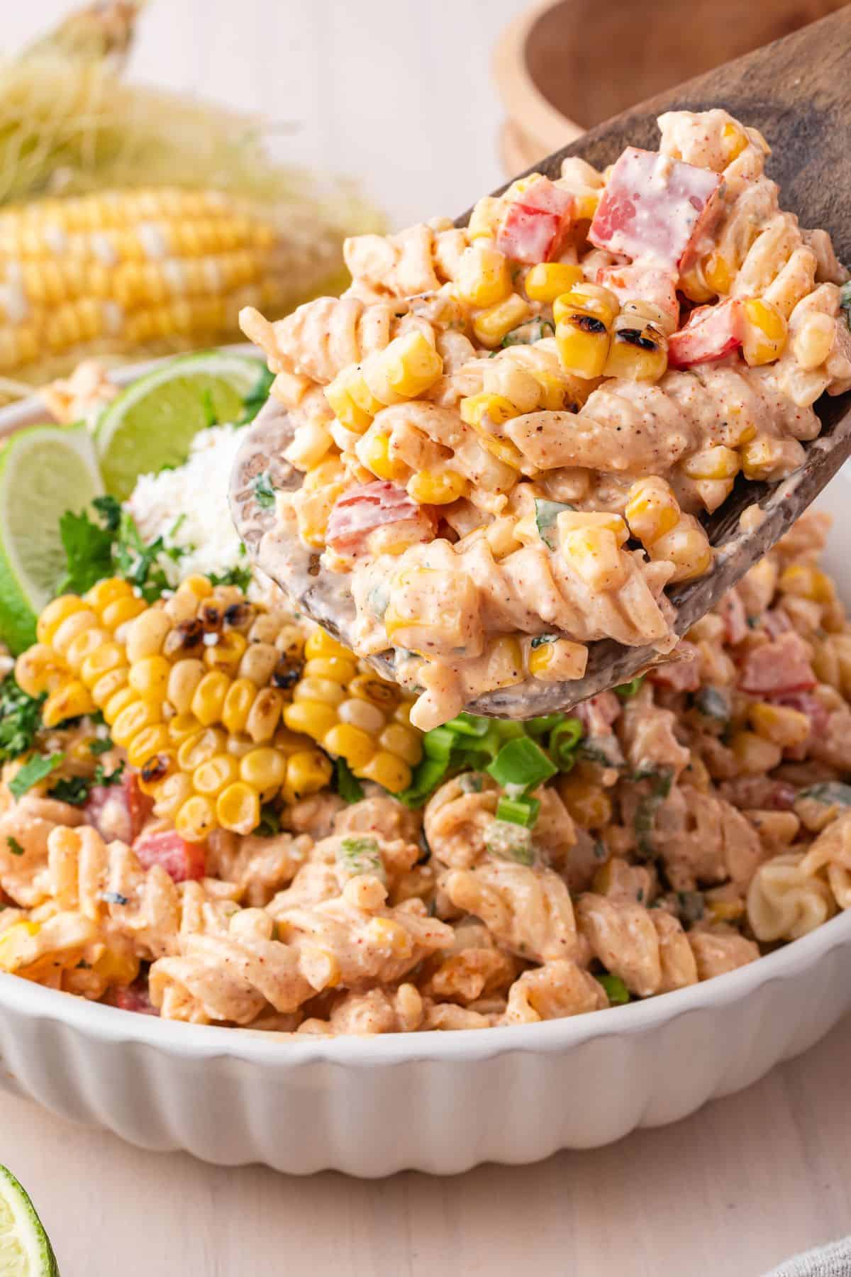 Mexican corn pasta salad with bold flavors and creamy dressing